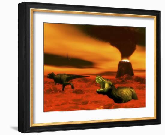 Tyrannosaurus Rex Dinosaurs Struggle to Survive from a Volcanic Eruption-null-Framed Art Print