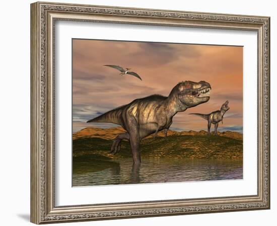 Tyrannosaurus Rex Dinosaurs with Pteranodon Bird Flying Above-null-Framed Art Print