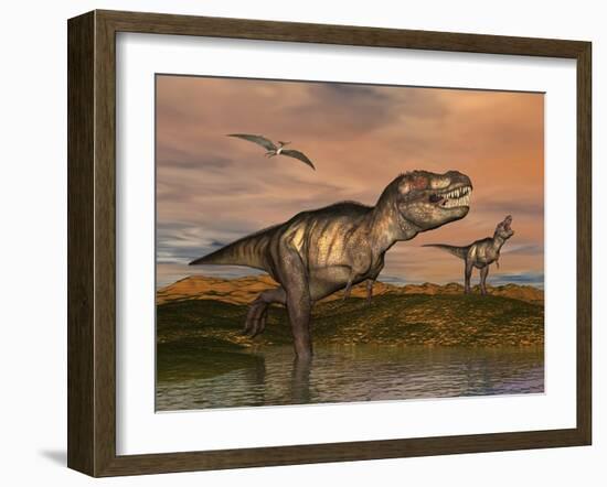 Tyrannosaurus Rex Dinosaurs with Pteranodon Bird Flying Above-null-Framed Art Print