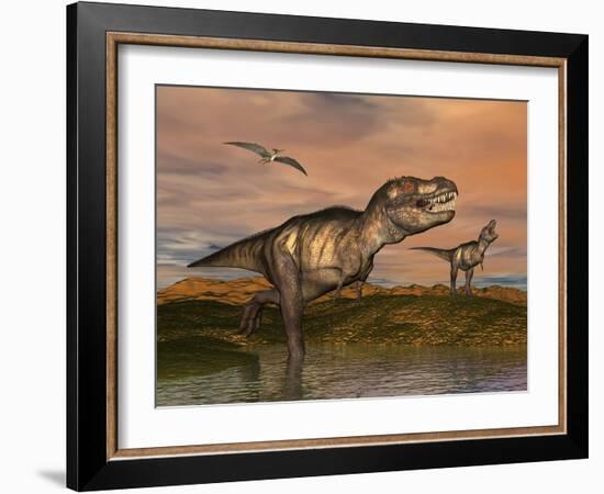 Tyrannosaurus Rex Dinosaurs with Pteranodon Bird Flying Above-null-Framed Art Print