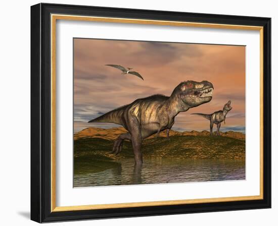 Tyrannosaurus Rex Dinosaurs with Pteranodon Bird Flying Above-null-Framed Art Print