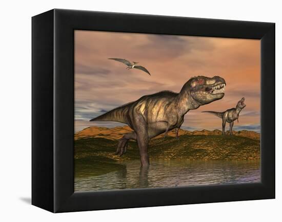 Tyrannosaurus Rex Dinosaurs with Pteranodon Bird Flying Above-null-Framed Stretched Canvas