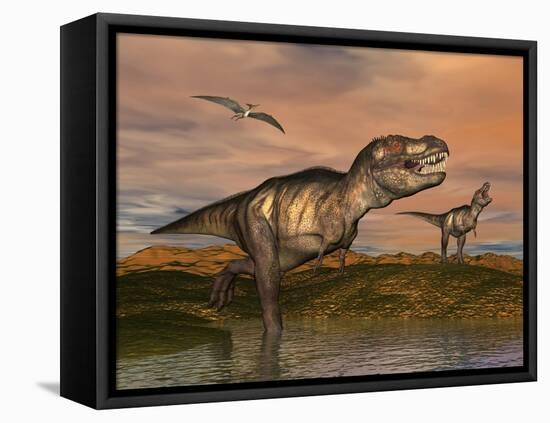 Tyrannosaurus Rex Dinosaurs with Pteranodon Bird Flying Above-null-Framed Stretched Canvas