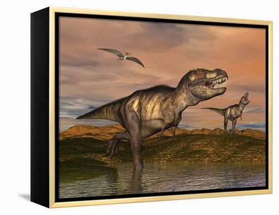 Tyrannosaurus Rex Dinosaurs with Pteranodon Bird Flying Above-null-Framed Stretched Canvas