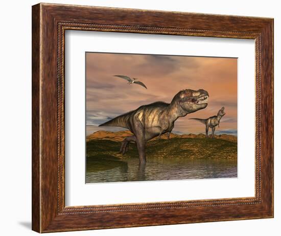 Tyrannosaurus Rex Dinosaurs with Pteranodon Bird Flying Above-null-Framed Premium Giclee Print