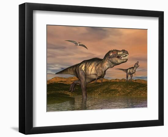 Tyrannosaurus Rex Dinosaurs with Pteranodon Bird Flying Above-null-Framed Premium Giclee Print