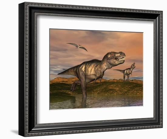 Tyrannosaurus Rex Dinosaurs with Pteranodon Bird Flying Above-null-Framed Premium Giclee Print