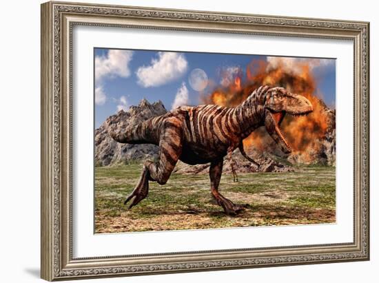 Tyrannosaurus Rex Escaping a Volcanic Eruption-null-Framed Art Print