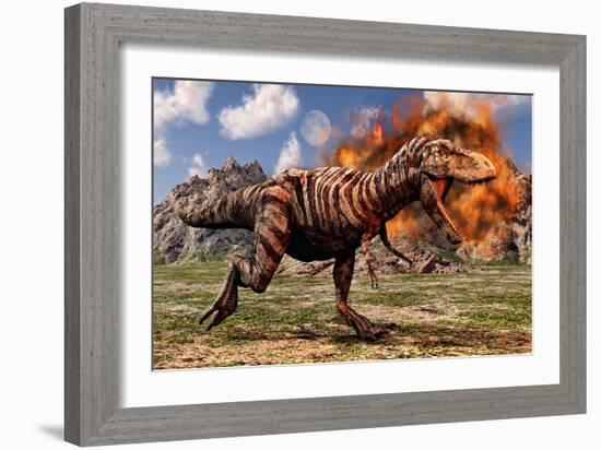 Tyrannosaurus Rex Escaping a Volcanic Eruption-null-Framed Art Print