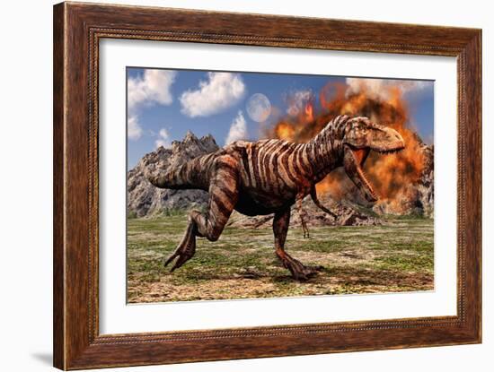 Tyrannosaurus Rex Escaping a Volcanic Eruption-null-Framed Art Print