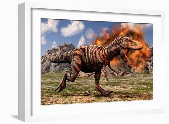 Tyrannosaurus Rex Escaping a Volcanic Eruption-null-Framed Art Print