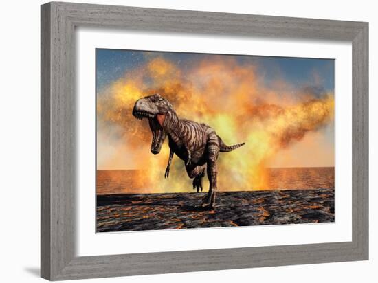 Tyrannosaurus Rex Escaping from a Violent Fire Storm-null-Framed Art Print