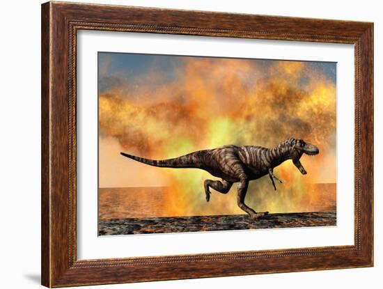 Tyrannosaurus Rex Escaping from a Violent Fire Storm-null-Framed Art Print