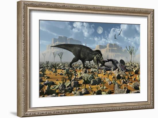 Tyrannosaurus Rex Feeding on a Triceratops Carcass-null-Framed Premium Giclee Print