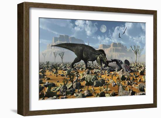 Tyrannosaurus Rex Feeding on a Triceratops Carcass-null-Framed Art Print