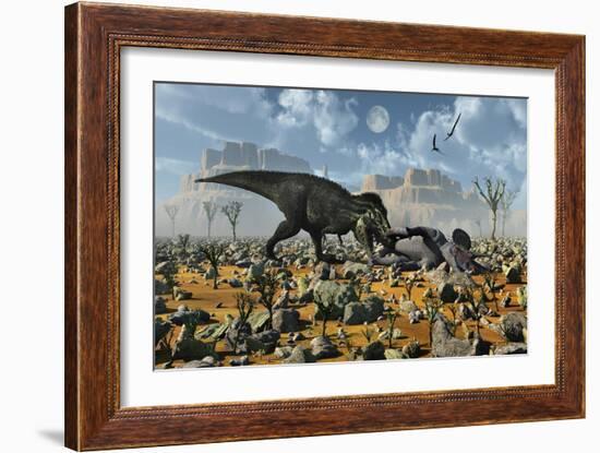 Tyrannosaurus Rex Feeding on a Triceratops Carcass-null-Framed Art Print