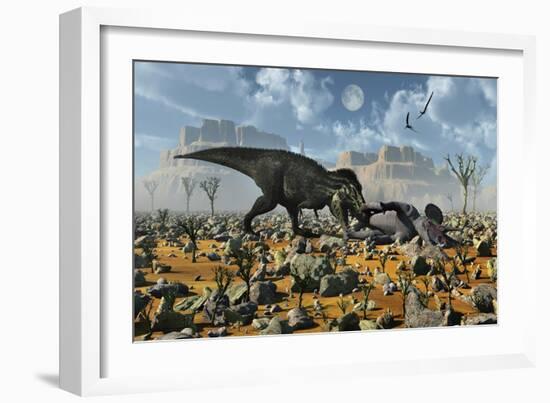 Tyrannosaurus Rex Feeding on a Triceratops Carcass-null-Framed Art Print