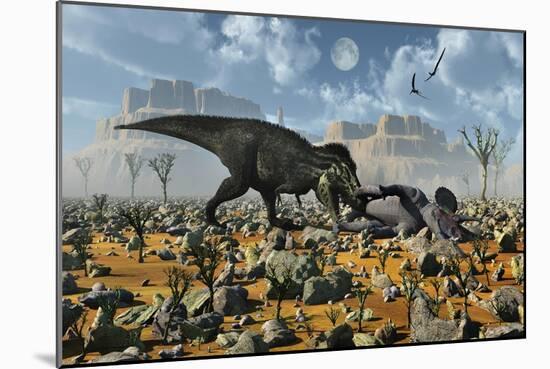 Tyrannosaurus Rex Feeding on a Triceratops Carcass-null-Mounted Art Print