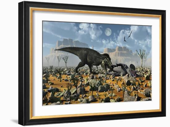 Tyrannosaurus Rex Feeding on a Triceratops Carcass-null-Framed Art Print