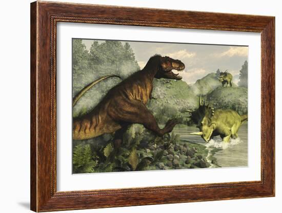 Tyrannosaurus Rex Fighting Against Styracosaurus Dinosaurs-Stocktrek Images-Framed Art Print