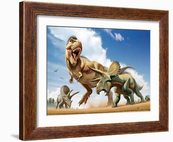 Tyrannosaurus Rex Fighting with Two Triceratops-null-Framed Art Print