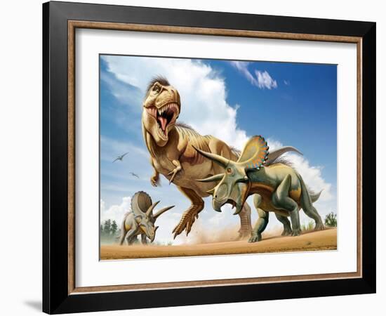 Tyrannosaurus Rex Fighting with Two Triceratops-null-Framed Art Print