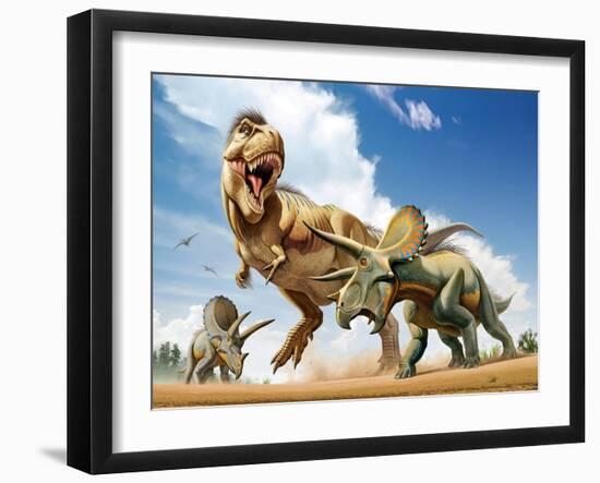 Tyrannosaurus Rex Fighting with Two Triceratops-null-Framed Art Print