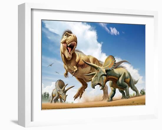 Tyrannosaurus Rex Fighting with Two Triceratops-null-Framed Art Print