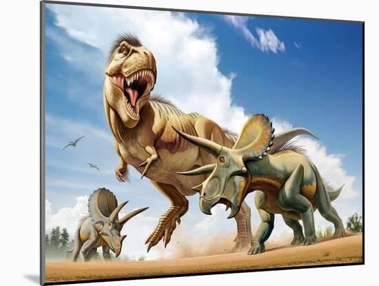 Tyrannosaurus Rex Fighting with Two Triceratops-null-Mounted Art Print