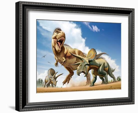 Tyrannosaurus Rex Fighting with Two Triceratops-null-Framed Art Print