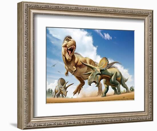 Tyrannosaurus Rex Fighting with Two Triceratops-null-Framed Premium Giclee Print