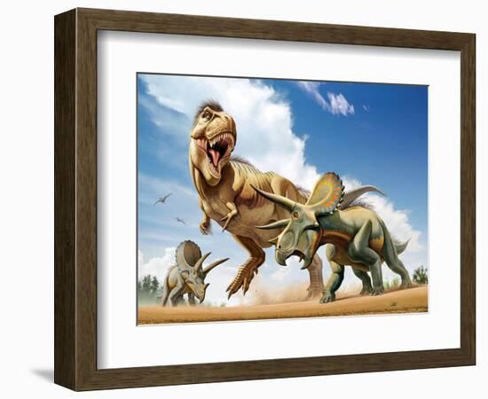 Tyrannosaurus Rex Fighting with Two Triceratops-null-Framed Premium Giclee Print