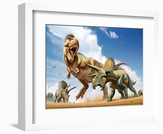 Tyrannosaurus Rex Fighting with Two Triceratops-null-Framed Premium Giclee Print