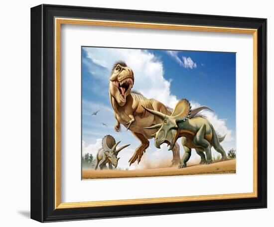 Tyrannosaurus Rex Fighting with Two Triceratops-null-Framed Premium Giclee Print