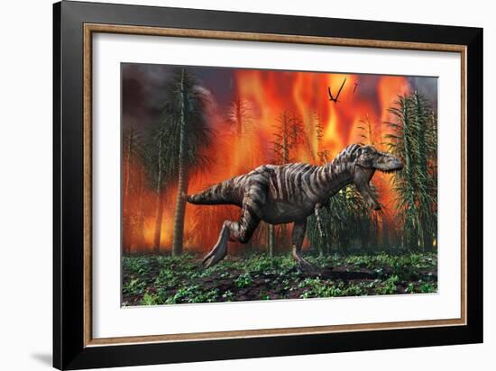 Tyrannosaurus Rex Fleeing from a Deadly Forest Fire-null-Framed Art Print