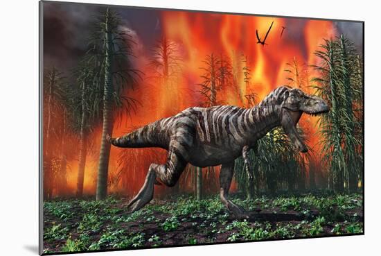 Tyrannosaurus Rex Fleeing from a Deadly Forest Fire-null-Mounted Art Print