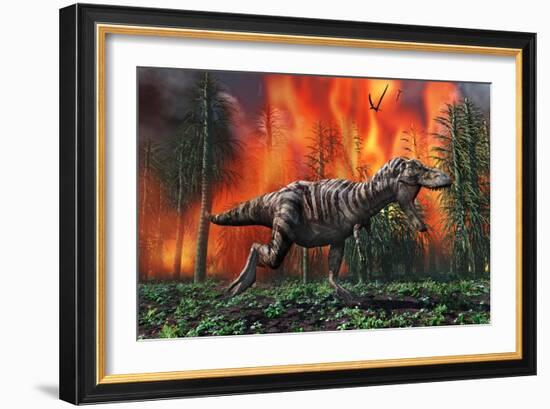 Tyrannosaurus Rex Fleeing from a Deadly Forest Fire-null-Framed Art Print