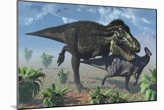 Tyrannosaurus Rex Hunting a Lone Parasaurolophus Duckbill Dinosaur-null-Mounted Art Print