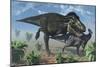 Tyrannosaurus Rex Hunting a Lone Parasaurolophus Duckbill Dinosaur-null-Mounted Art Print