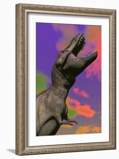 Tyrannosaurus Rex Roaring Against a Colorful Sky-null-Framed Art Print