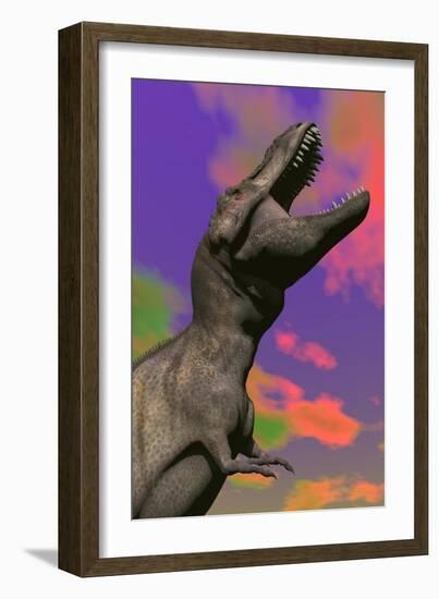 Tyrannosaurus Rex Roaring Against a Colorful Sky-null-Framed Art Print