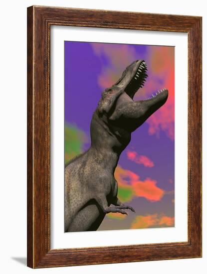 Tyrannosaurus Rex Roaring Against a Colorful Sky-null-Framed Art Print