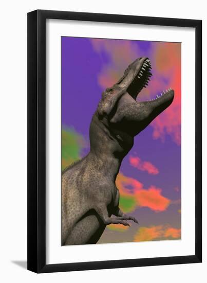 Tyrannosaurus Rex Roaring Against a Colorful Sky-null-Framed Art Print