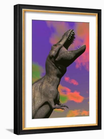 Tyrannosaurus Rex Roaring Against a Colorful Sky-null-Framed Art Print