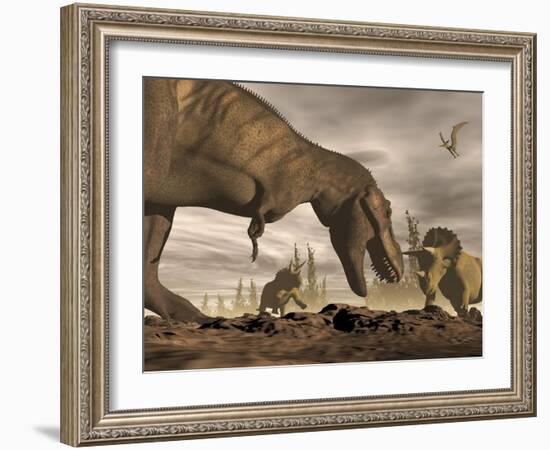 Tyrannosaurus Rex Roaring at Two Triceratops on Rocky Terrain-null-Framed Art Print