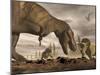 Tyrannosaurus Rex Roaring at Two Triceratops on Rocky Terrain-null-Mounted Art Print