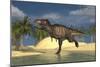 Tyrannosaurus Rex Running Through Shallow Water-null-Mounted Art Print