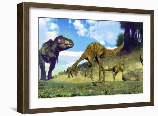 Tyrannosaurus Rex Surprising a Herd of Gallimimus Dinosaurs-Stocktrek Images-Framed Art Print