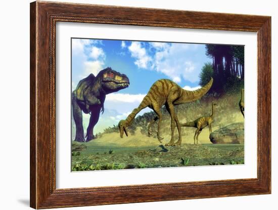 Tyrannosaurus Rex Surprising a Herd of Gallimimus Dinosaurs-Stocktrek Images-Framed Art Print