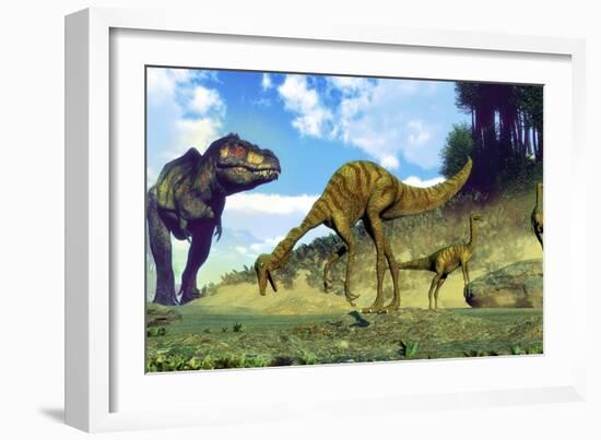 Tyrannosaurus Rex Surprising a Herd of Gallimimus Dinosaurs-Stocktrek Images-Framed Art Print